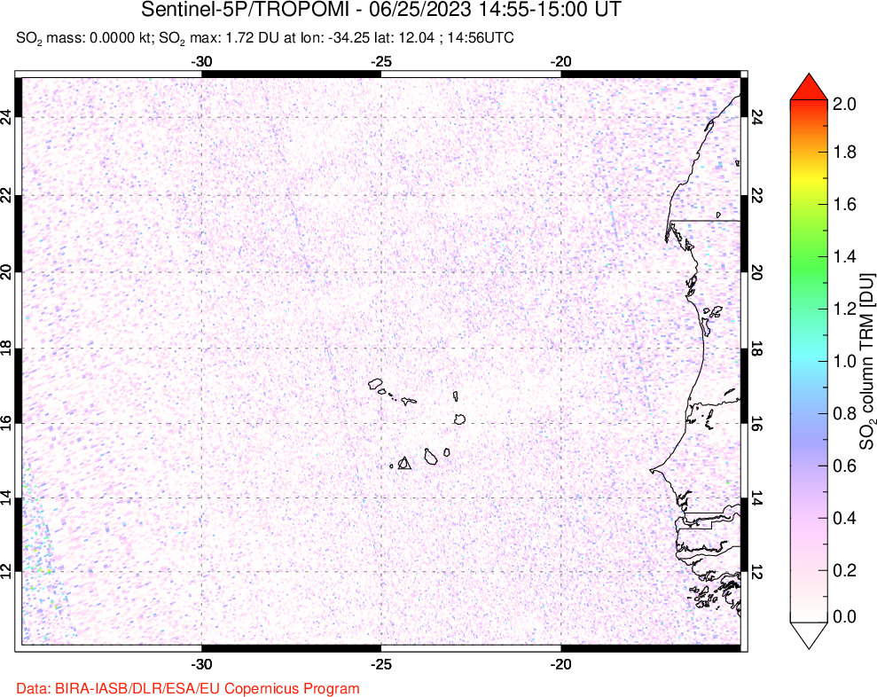 A sulfur dioxide image over Cape Verde Islands on Jun 25, 2023.