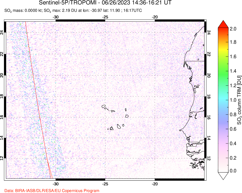 A sulfur dioxide image over Cape Verde Islands on Jun 26, 2023.
