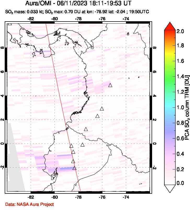 A sulfur dioxide image over Ecuador on Jun 11, 2023.