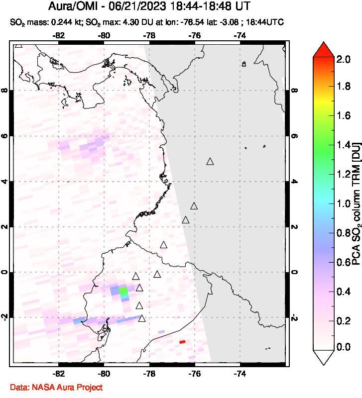 A sulfur dioxide image over Ecuador on Jun 21, 2023.