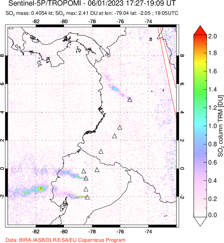 A sulfur dioxide image over Ecuador on Jun 01, 2023.