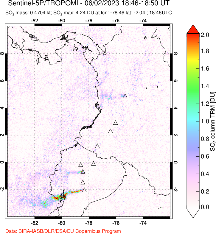 A sulfur dioxide image over Ecuador on Jun 02, 2023.