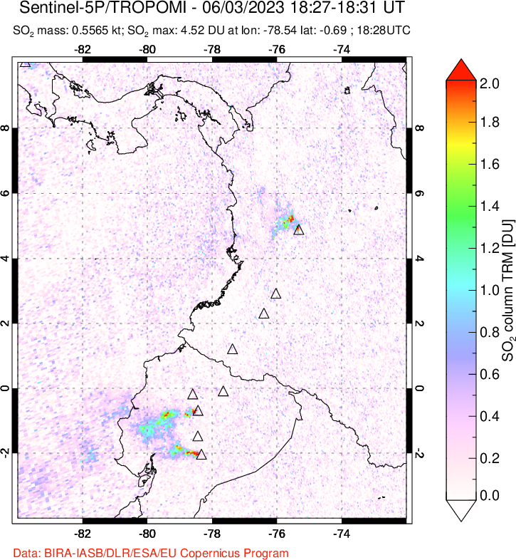 A sulfur dioxide image over Ecuador on Jun 03, 2023.