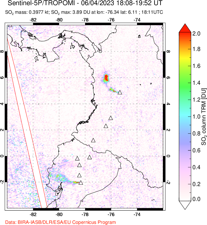 A sulfur dioxide image over Ecuador on Jun 04, 2023.
