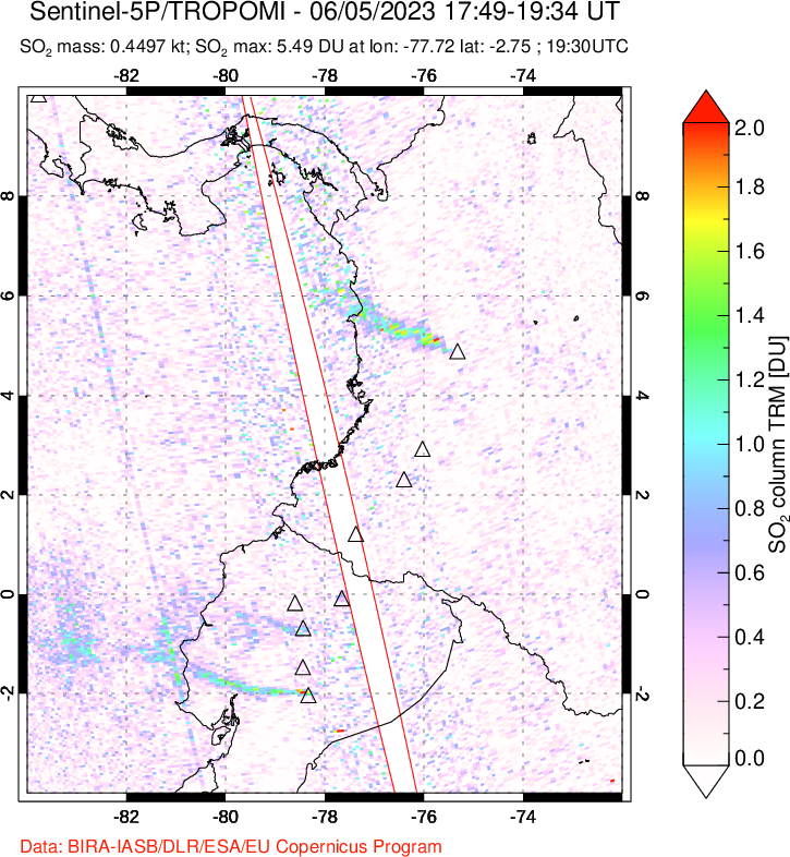 A sulfur dioxide image over Ecuador on Jun 05, 2023.