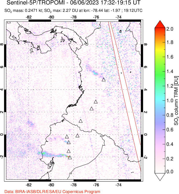A sulfur dioxide image over Ecuador on Jun 06, 2023.