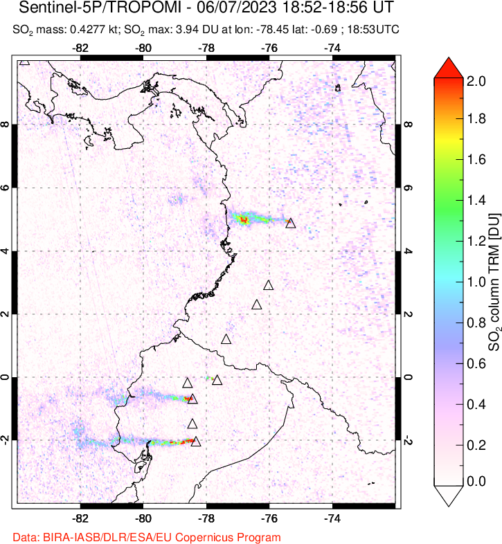 A sulfur dioxide image over Ecuador on Jun 07, 2023.