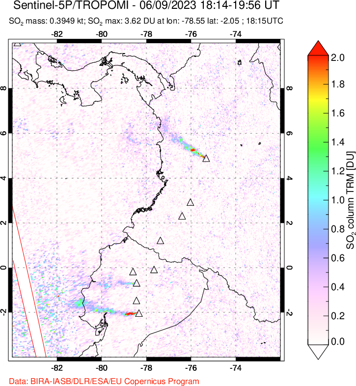 A sulfur dioxide image over Ecuador on Jun 09, 2023.