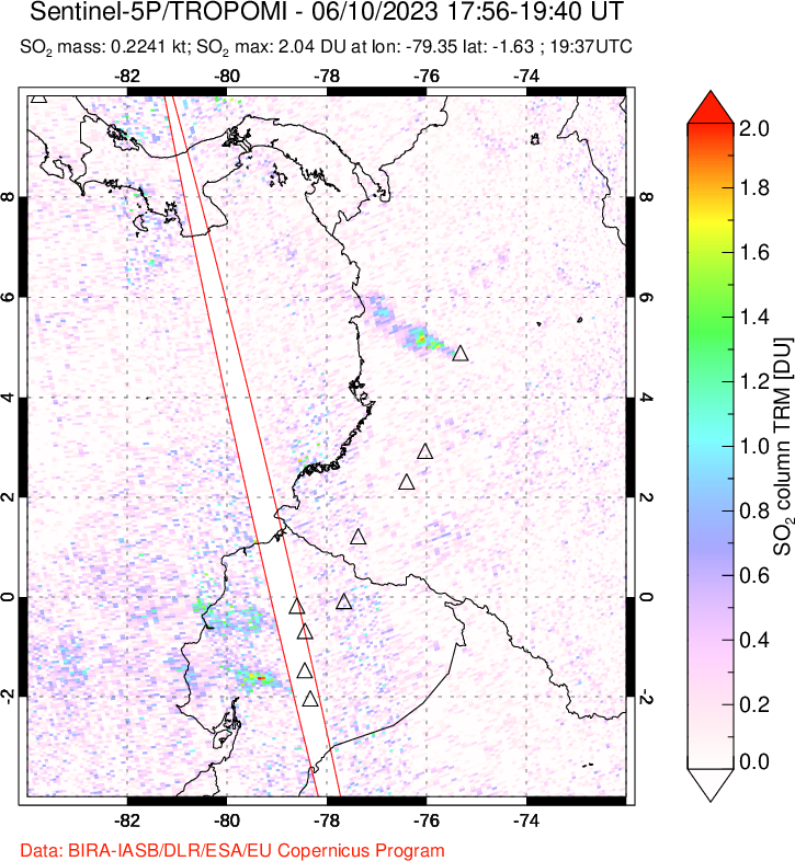 A sulfur dioxide image over Ecuador on Jun 10, 2023.