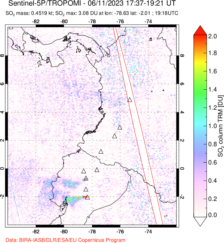 A sulfur dioxide image over Ecuador on Jun 11, 2023.