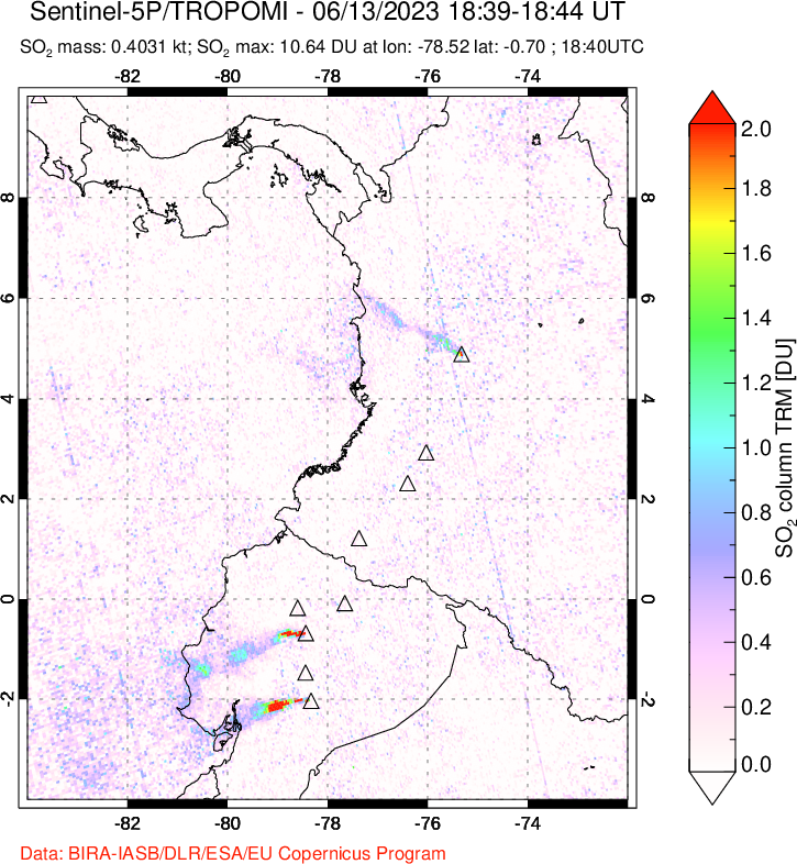 A sulfur dioxide image over Ecuador on Jun 13, 2023.