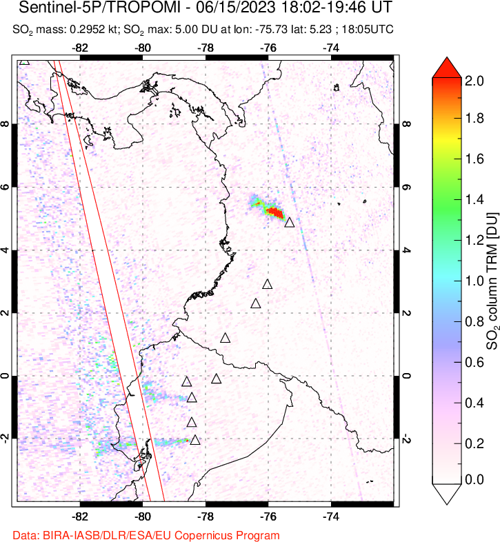 A sulfur dioxide image over Ecuador on Jun 15, 2023.