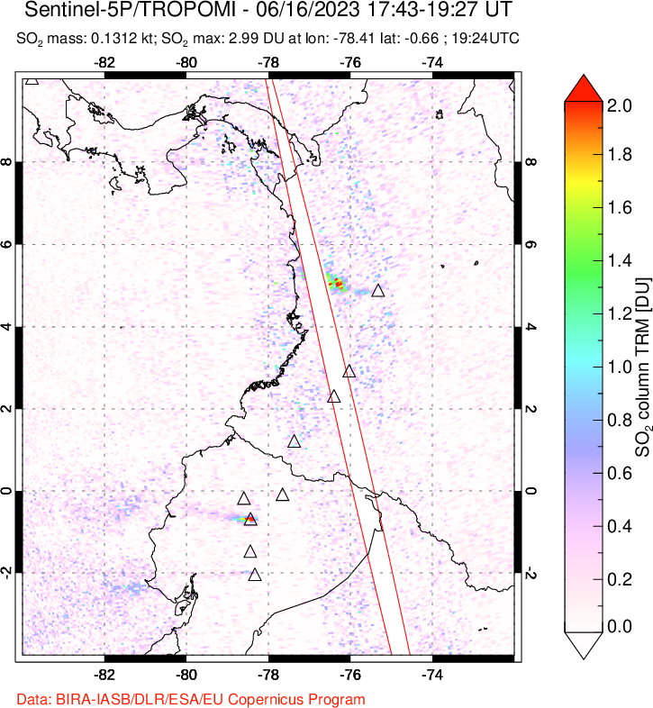 A sulfur dioxide image over Ecuador on Jun 16, 2023.