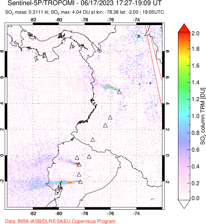 A sulfur dioxide image over Ecuador on Jun 17, 2023.