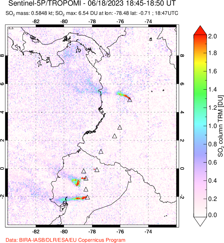 A sulfur dioxide image over Ecuador on Jun 18, 2023.