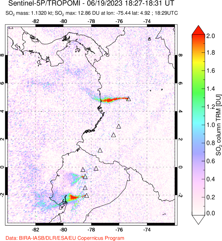 A sulfur dioxide image over Ecuador on Jun 19, 2023.