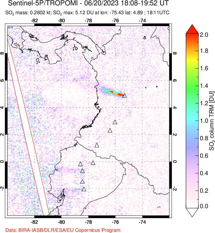 A sulfur dioxide image over Ecuador on Jun 20, 2023.