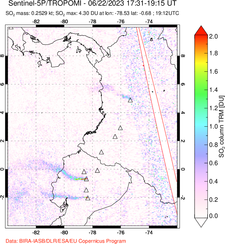 A sulfur dioxide image over Ecuador on Jun 22, 2023.