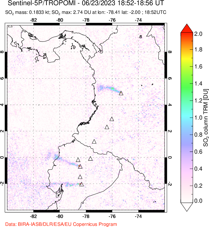 A sulfur dioxide image over Ecuador on Jun 23, 2023.