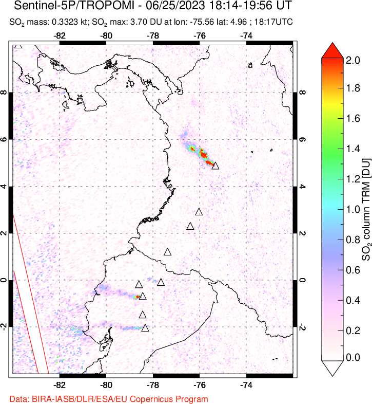 A sulfur dioxide image over Ecuador on Jun 25, 2023.