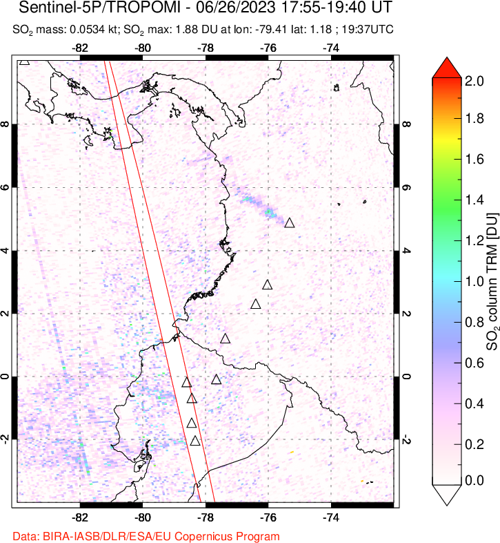 A sulfur dioxide image over Ecuador on Jun 26, 2023.