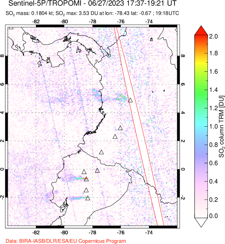 A sulfur dioxide image over Ecuador on Jun 27, 2023.