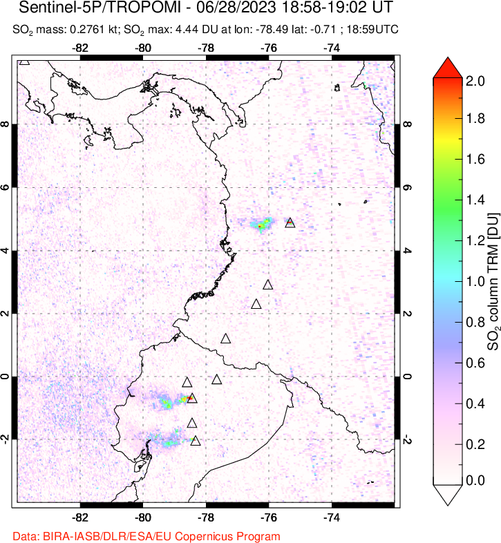 A sulfur dioxide image over Ecuador on Jun 28, 2023.