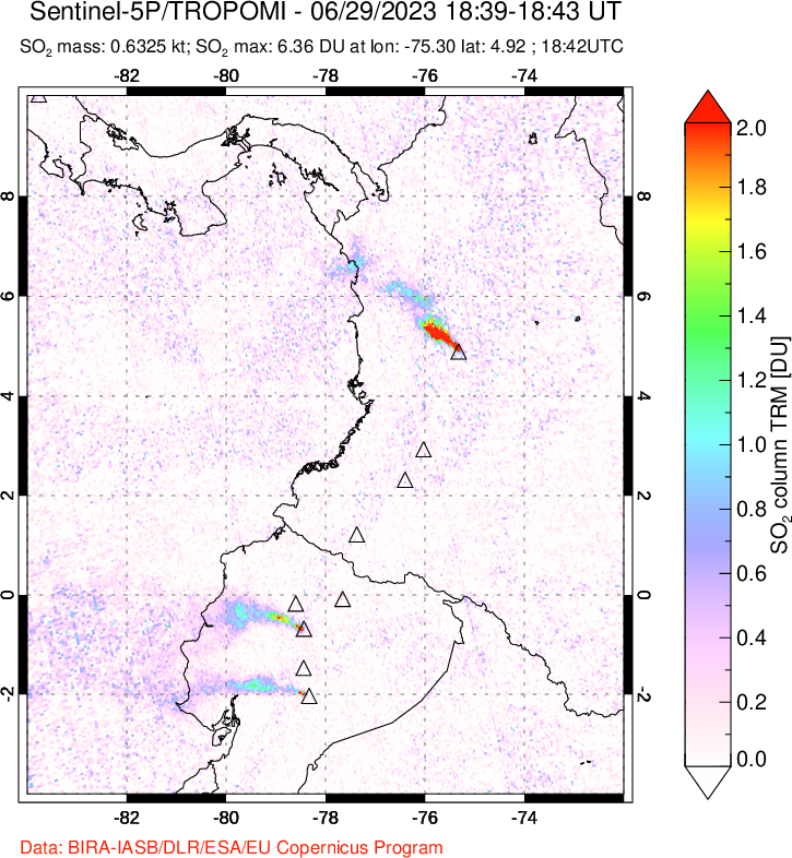 A sulfur dioxide image over Ecuador on Jun 29, 2023.
