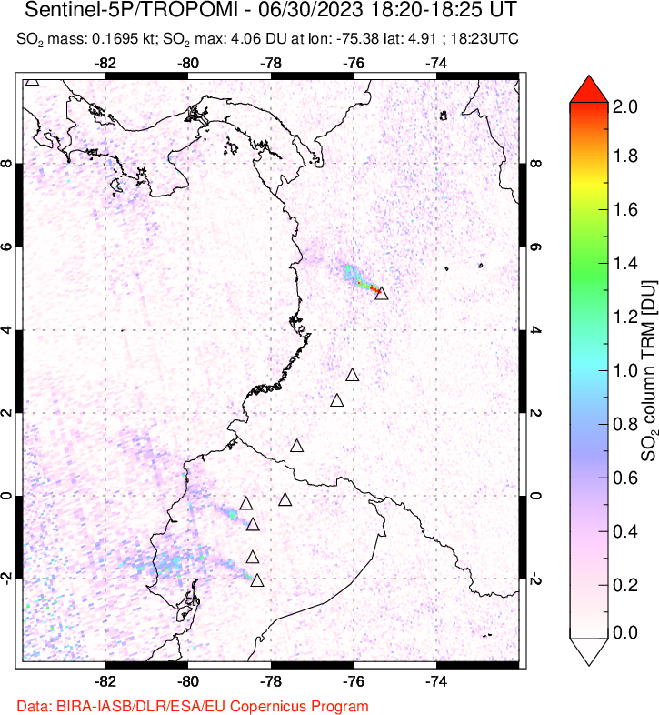 A sulfur dioxide image over Ecuador on Jun 30, 2023.