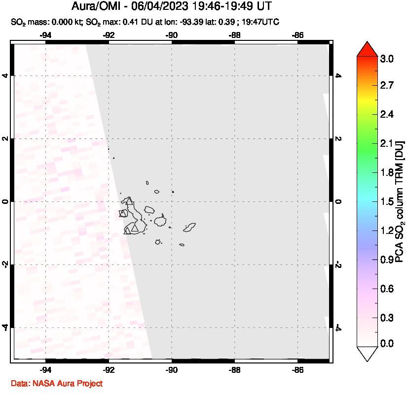 A sulfur dioxide image over Galápagos Islands on Jun 04, 2023.