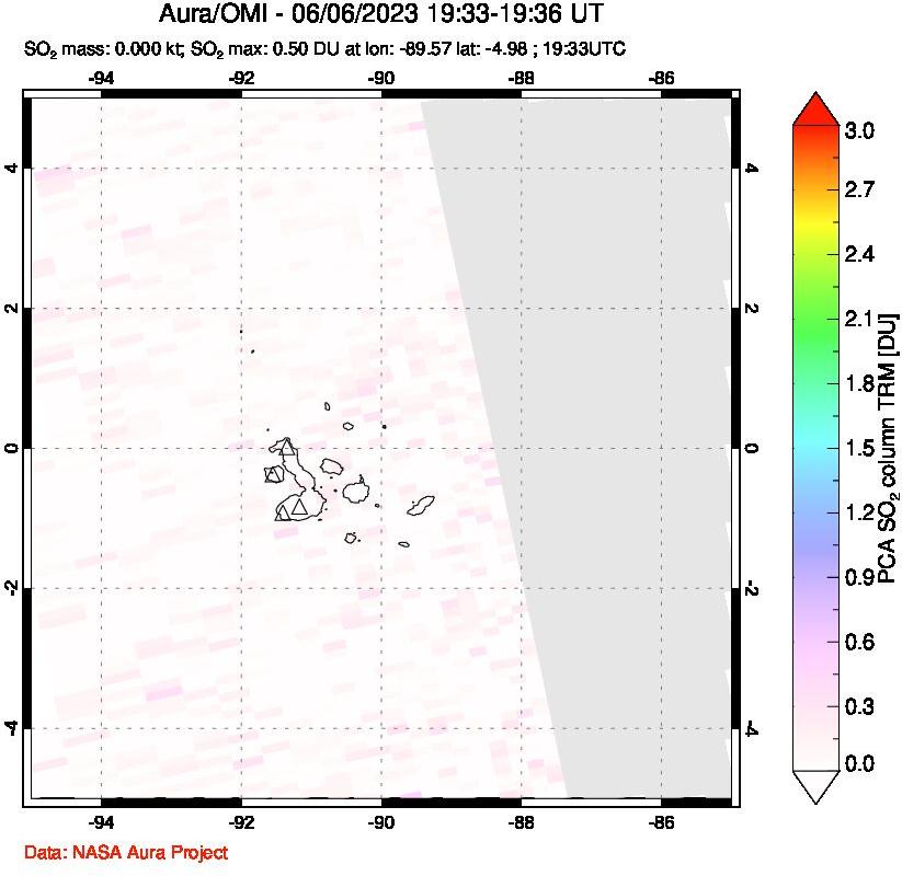 A sulfur dioxide image over Galápagos Islands on Jun 06, 2023.