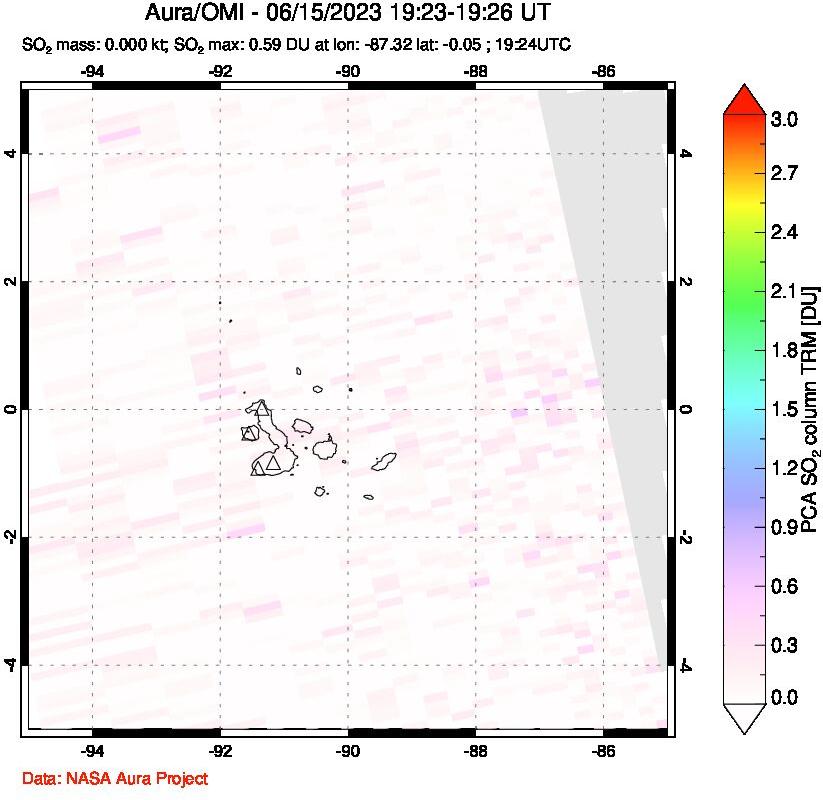 A sulfur dioxide image over Galápagos Islands on Jun 15, 2023.