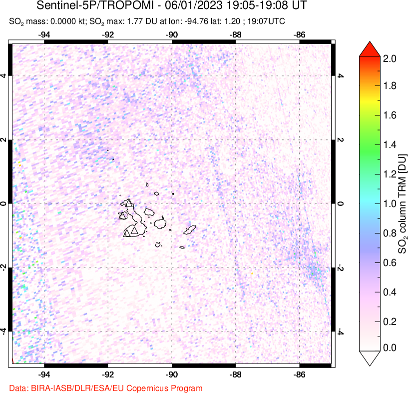 A sulfur dioxide image over Galápagos Islands on Jun 01, 2023.