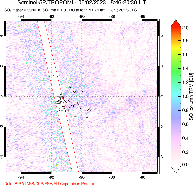 A sulfur dioxide image over Galápagos Islands on Jun 02, 2023.