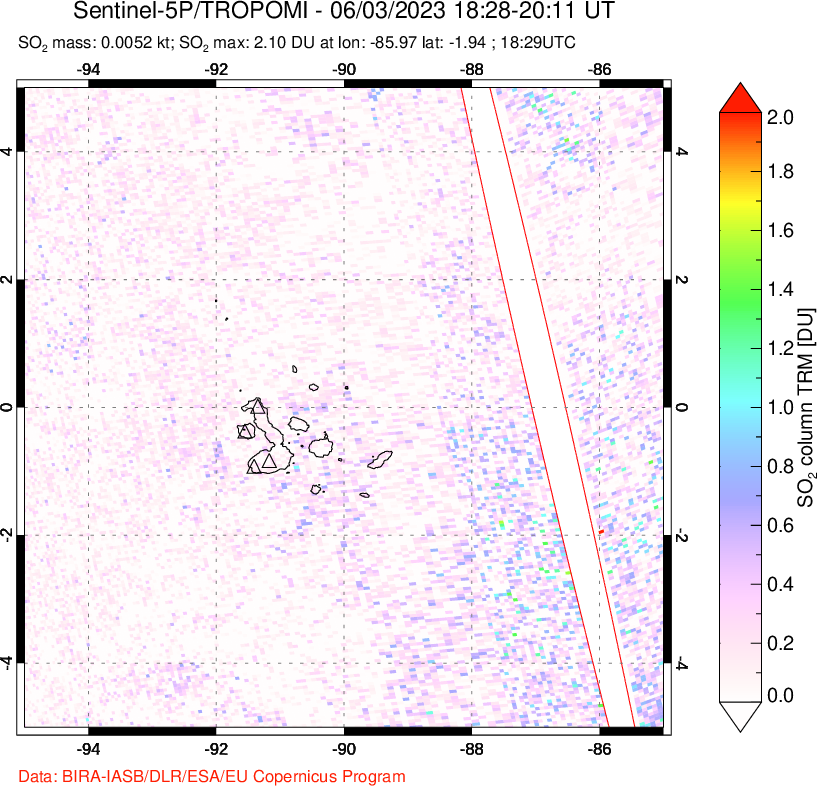 A sulfur dioxide image over Galápagos Islands on Jun 03, 2023.