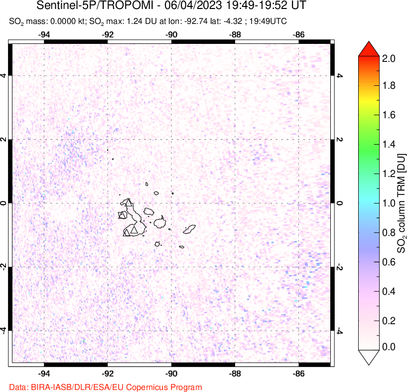 A sulfur dioxide image over Galápagos Islands on Jun 04, 2023.