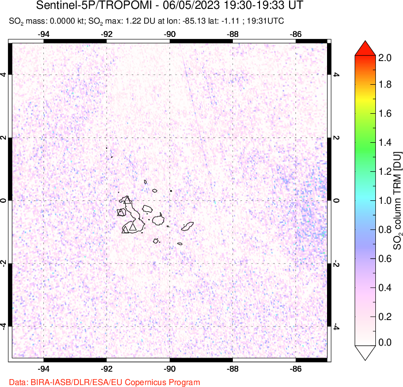 A sulfur dioxide image over Galápagos Islands on Jun 05, 2023.
