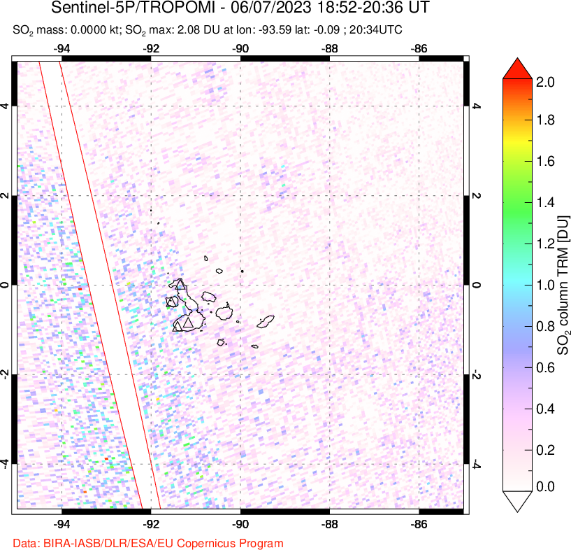 A sulfur dioxide image over Galápagos Islands on Jun 07, 2023.