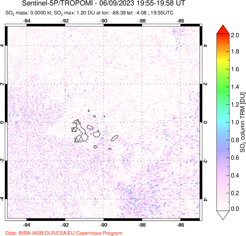 A sulfur dioxide image over Galápagos Islands on Jun 09, 2023.