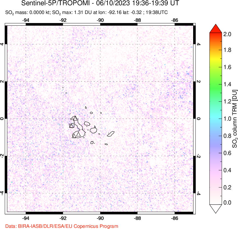 A sulfur dioxide image over Galápagos Islands on Jun 10, 2023.