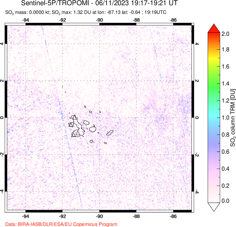 A sulfur dioxide image over Galápagos Islands on Jun 11, 2023.