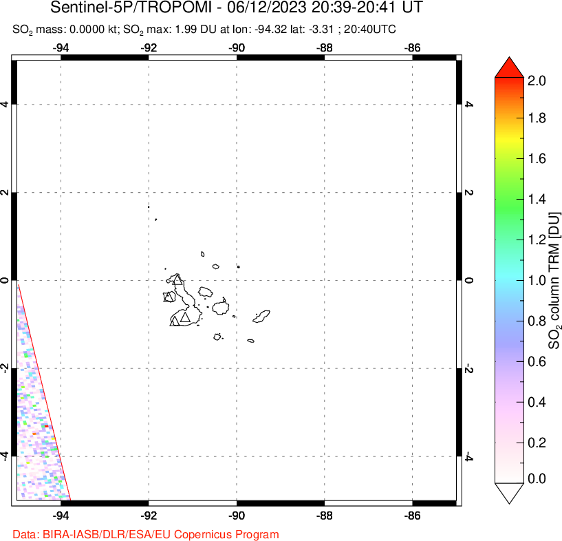 A sulfur dioxide image over Galápagos Islands on Jun 12, 2023.
