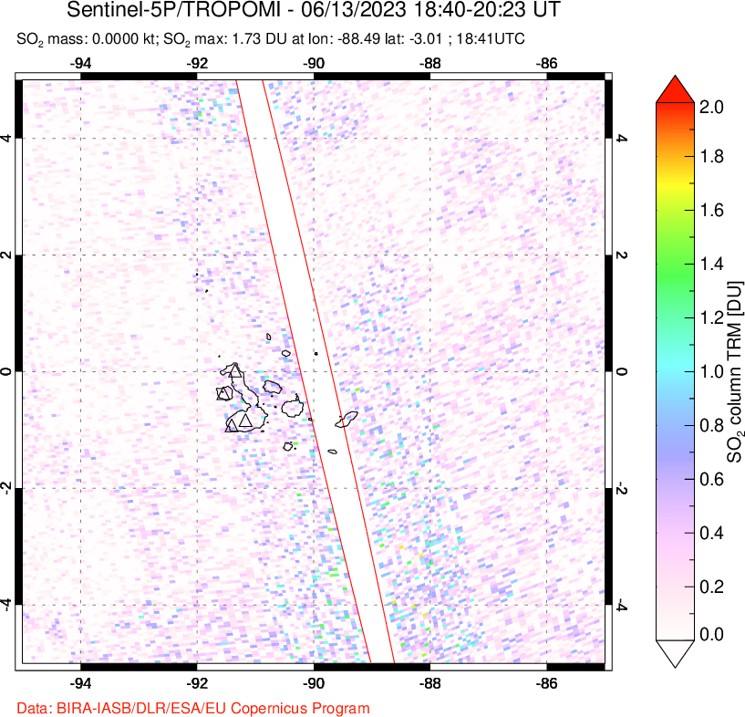 A sulfur dioxide image over Galápagos Islands on Jun 13, 2023.