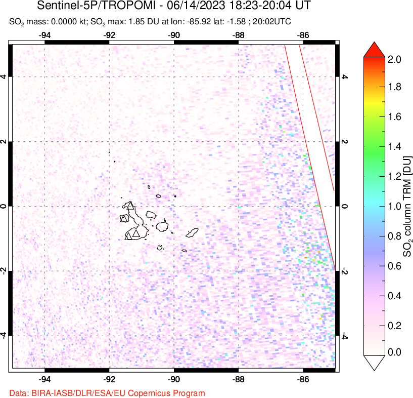 A sulfur dioxide image over Galápagos Islands on Jun 14, 2023.