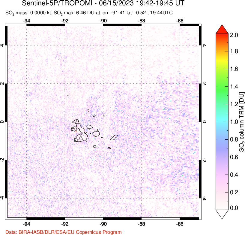A sulfur dioxide image over Galápagos Islands on Jun 15, 2023.