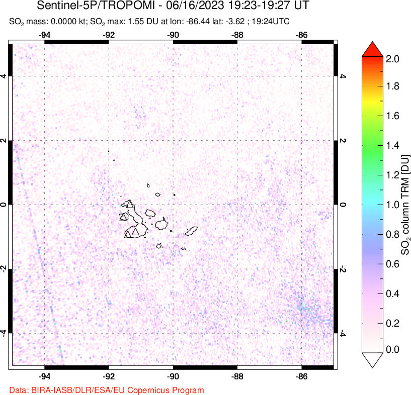 A sulfur dioxide image over Galápagos Islands on Jun 16, 2023.