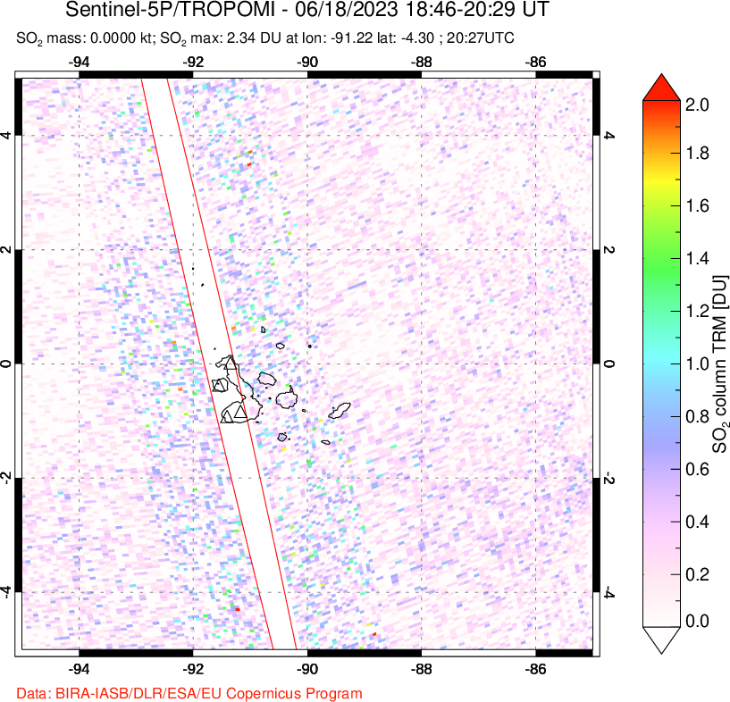 A sulfur dioxide image over Galápagos Islands on Jun 18, 2023.