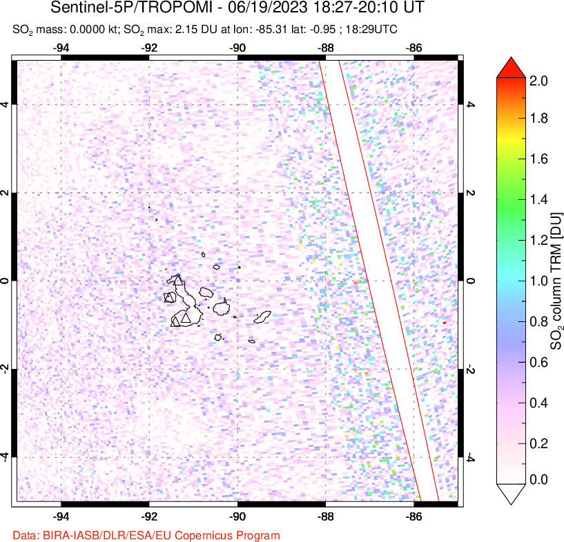 A sulfur dioxide image over Galápagos Islands on Jun 19, 2023.