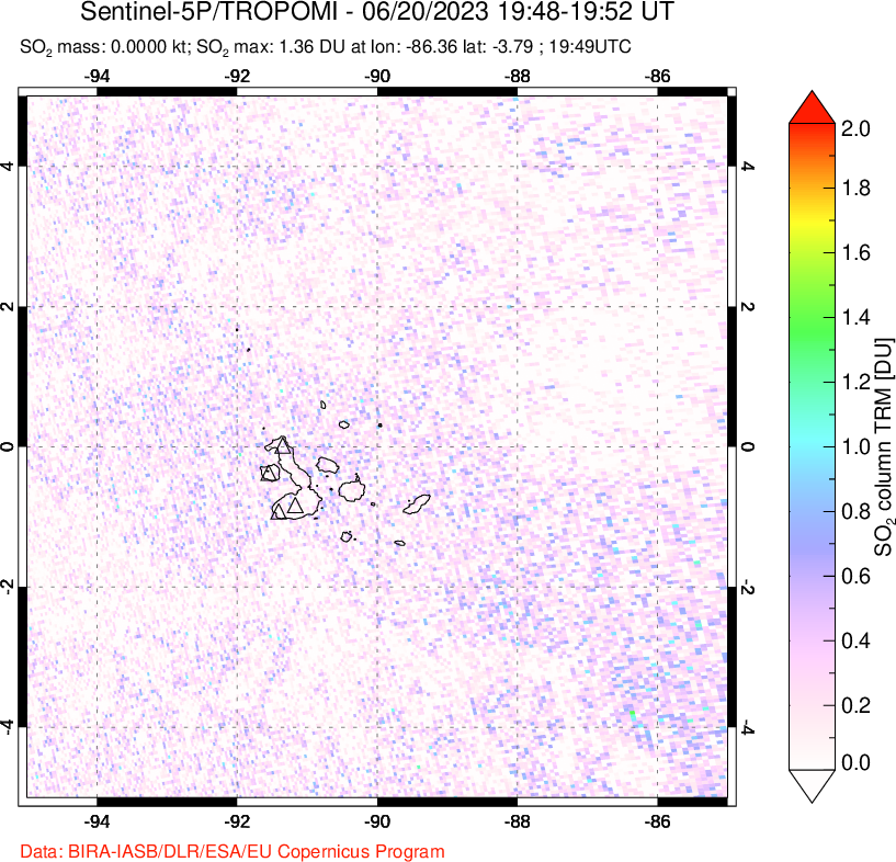 A sulfur dioxide image over Galápagos Islands on Jun 20, 2023.