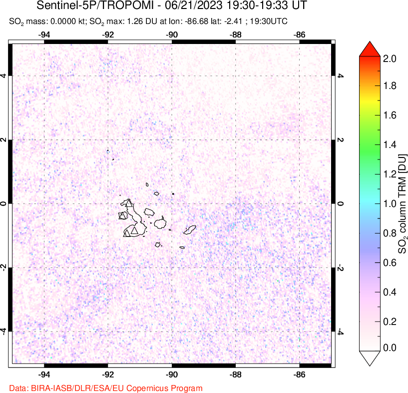 A sulfur dioxide image over Galápagos Islands on Jun 21, 2023.